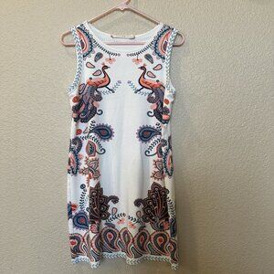Chelsea & Violet Dress Womens Small Peacock Bird Floral Tank Sleeveless White Bl